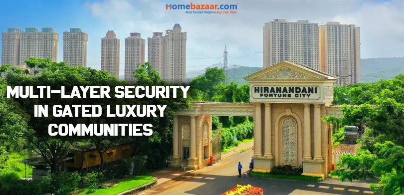 Gated communities- High-security gated community entrance with guards, surveillance cameras, and a controlled access system