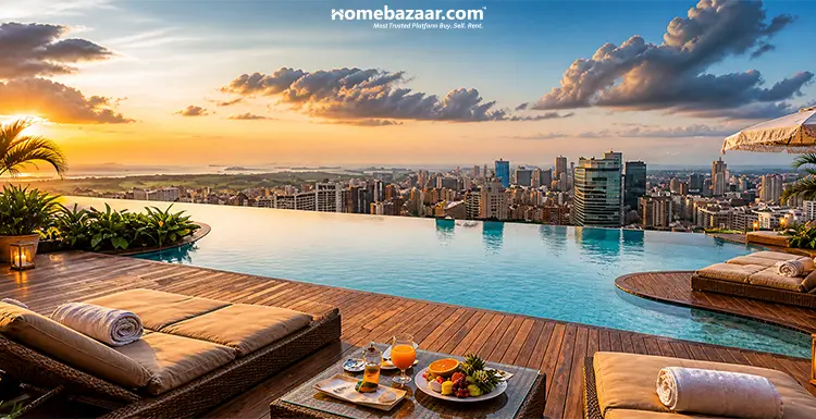 Image of a rooftop infinity pool at one of the best projects with amenities in Western Mumbai. 