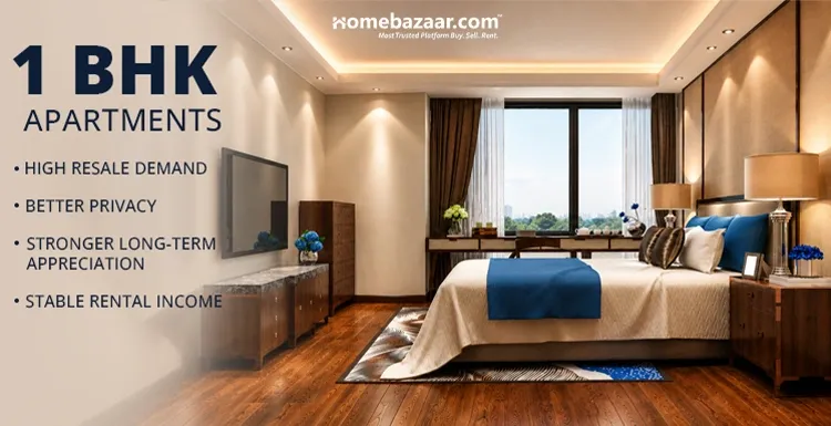 Image of a bedroom in 1 BHK flat, with reasons listing why buyers prefer them. 