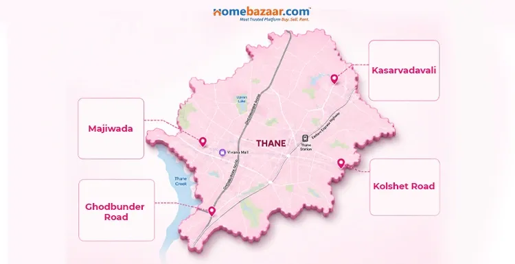 The image shows a map of Thane, pointing out best markets and areas to buy studio flats in Thane. 