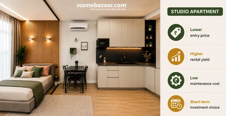 Image of a studio flat, with reasons listed on why buyers prefer them. 