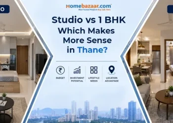 Image showcases 1 BHK on one side and studio flats in Thane on the other side.