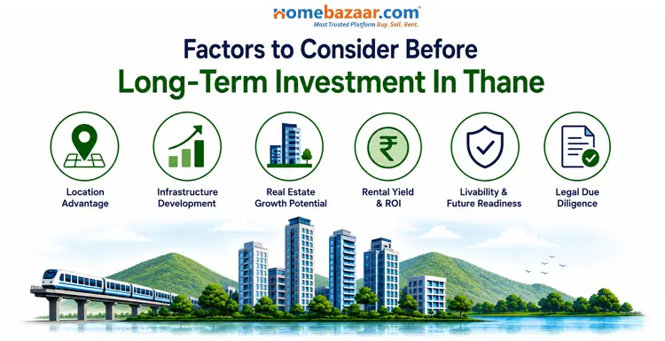The image showcases some of the most important factors before making a long term investment in Thane. 