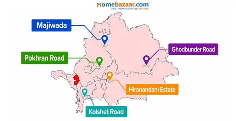 Image of the Thane map, highlighting some of the top localities in Thane. 